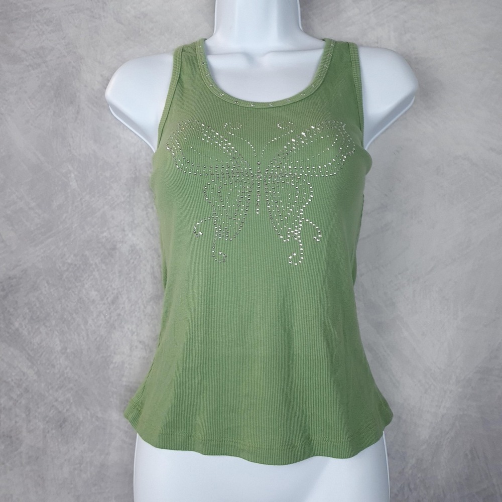 Vntg Y2K Tank Top Womens Large Green Rhinestone Butterfly Ribbed Fairycore